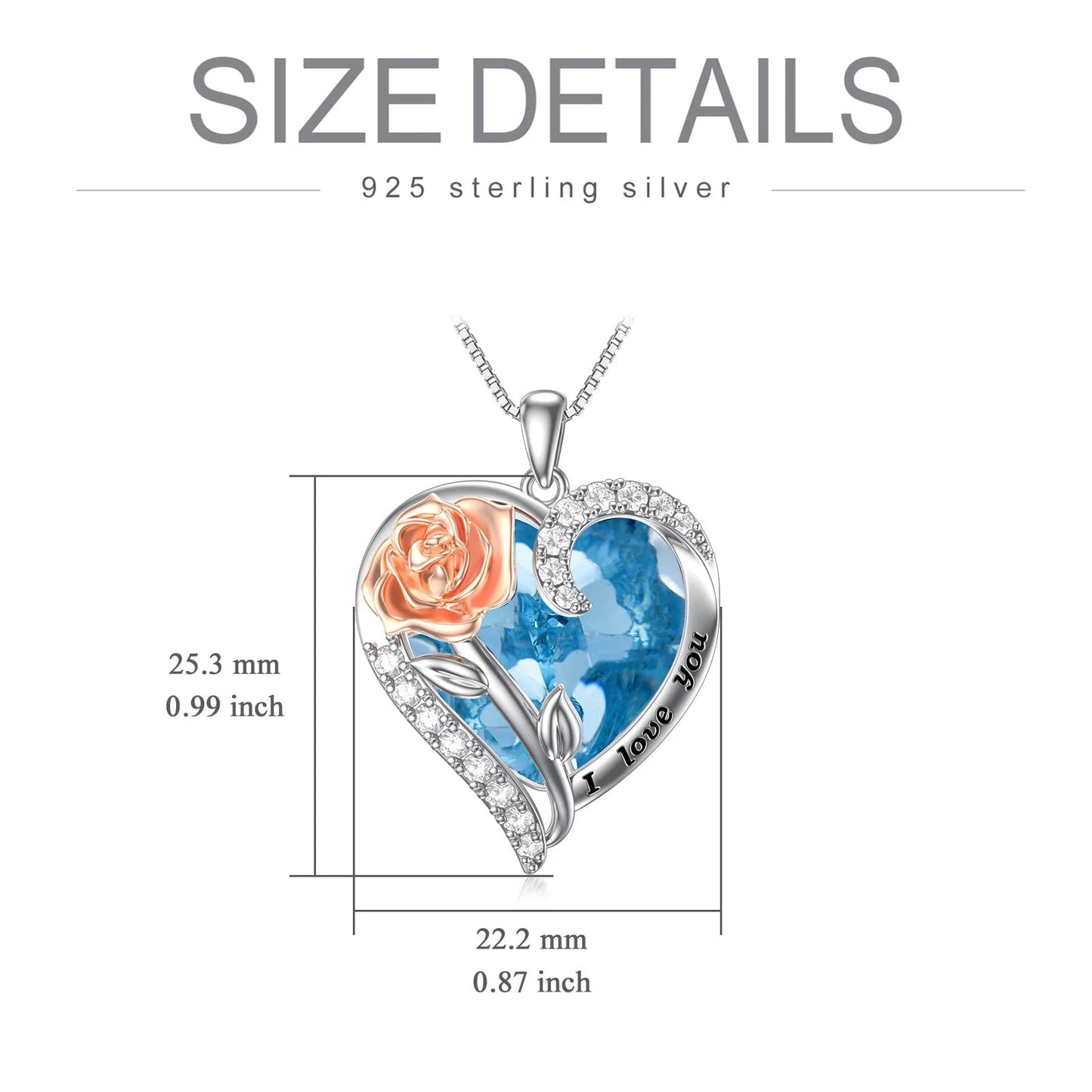 Valentine'S Day Gifts for Her Sterling Silver Rose Flower Pendant Necklaces with Heart Crystal March Birthstone Pendant Jewelry for Women Wife Sister Birthday Anniversary,Created Aquamarine