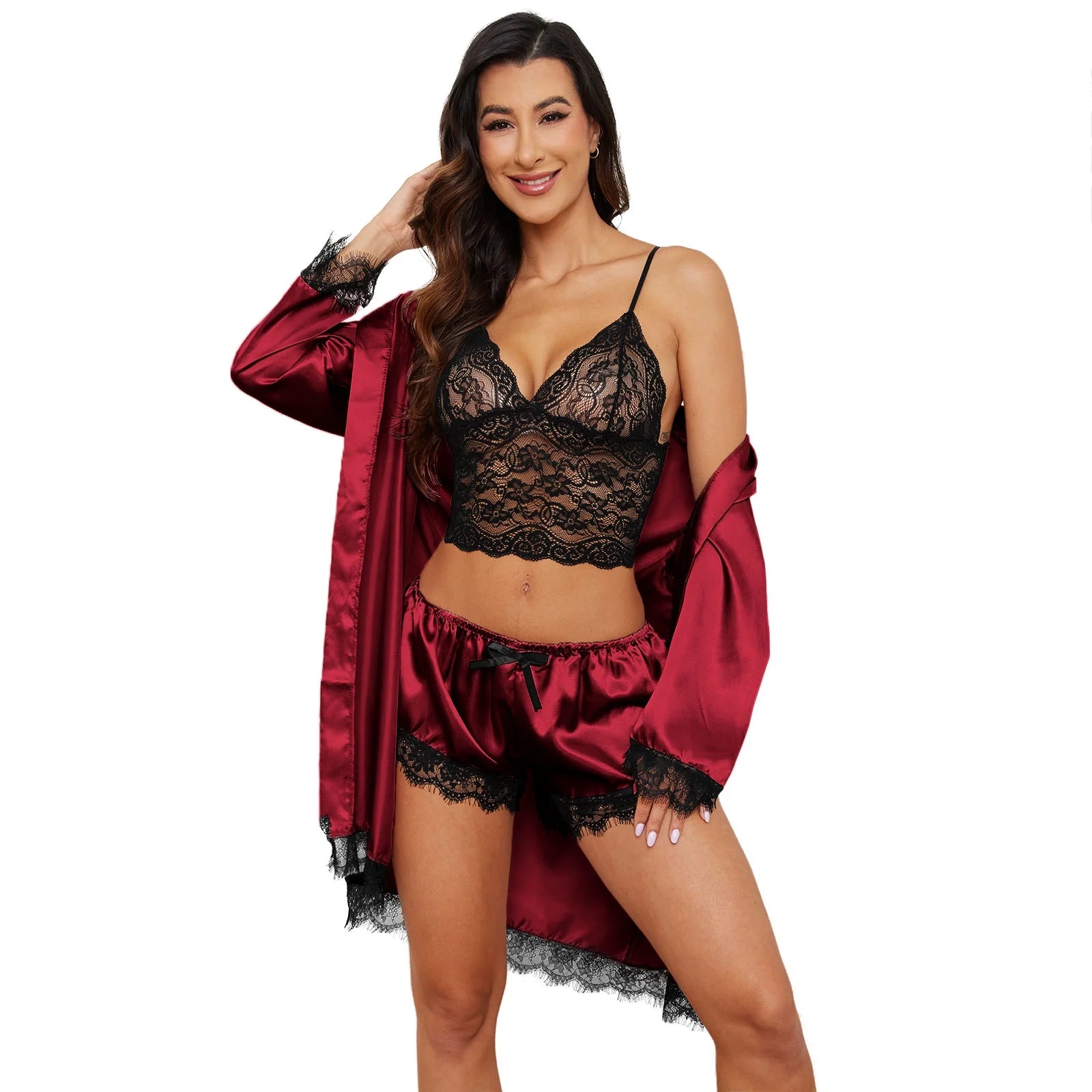 Sexy Lingerie,  Silk Satin Pajamas for Women, Womens Summer Pajamas Pjs Sets of 4 Pcs with Floral Lace Top Shorts and Robe, Gift for Women, Black, L