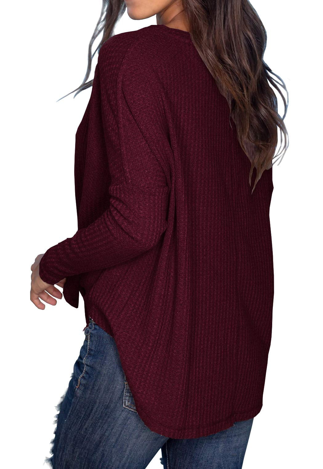 Womens Loose Blouse Long Sleeve V Neck Button down T Shirts Tie Front Knot Casual Tops Wine Red L